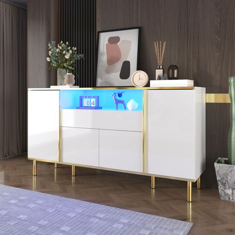 Buffet, commode blanche laquée brillante à 1 tiroir, commode, commode de chambre, buffet blanc laqué brillant – L 150/P 40/H 80 cm (1/5)