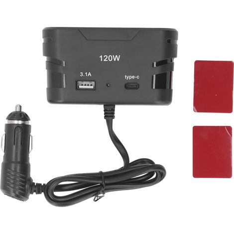 adaptateur séparateur de prise allume-cigare 1 à 3 3 prises prise d'alimentation multi-port chargeur de voiture TYPE C avec USB 12 V 24 V 120 W (1/5)