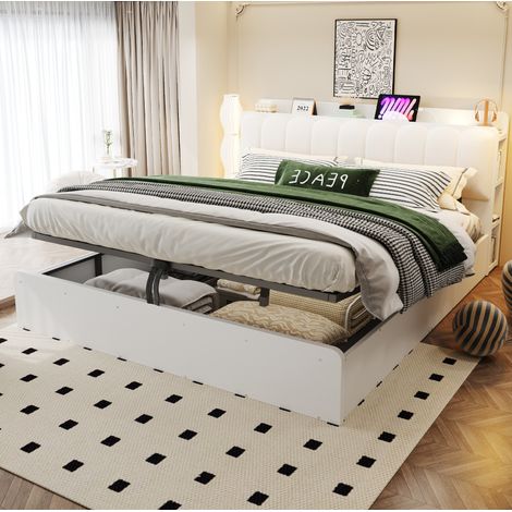 MODFU – Cama con almacenamiento 180x200 cm de madera con USB, luz nocturna, cabecero con compartimentos y somier de láminas – Blanco (1/5)