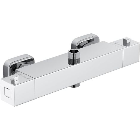 Miscelatore doccia termostatico con 2 uscite, uscita superiore 3/4" BSP (26,4 mm) e uscita inferiore 1/2" BSP (21 mm), forma quadrata, ottone, finitura cromata. (1/5)