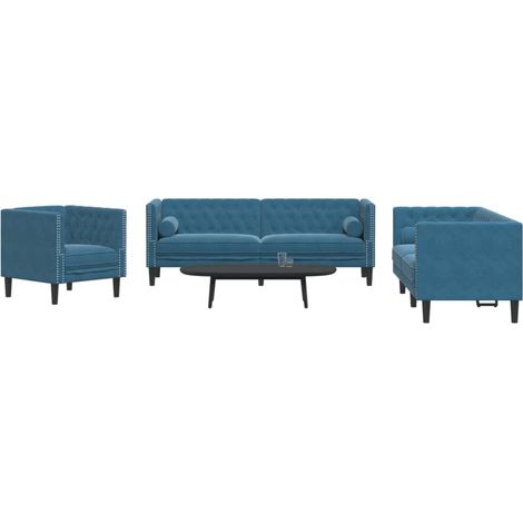 vidaXL Ensemble de canapé Chesterfield et traversins 3pcs bleu velours (1/5)