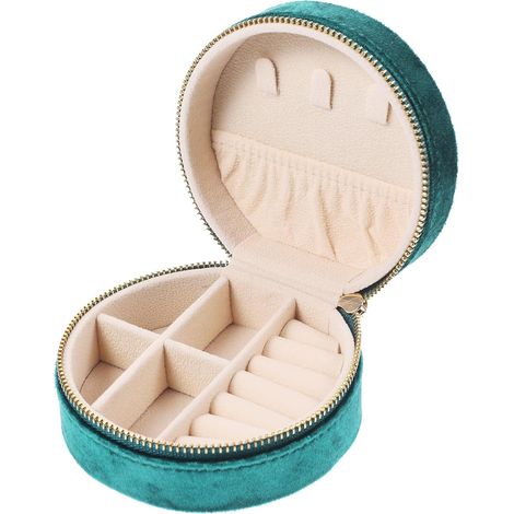 Boîte à Bijoux Ronde Portable en Velours Vert pour Bagues et Boucles D'oreilles, Organisateur Élégant et Pratique pour Voyage et Étagère (1/5)