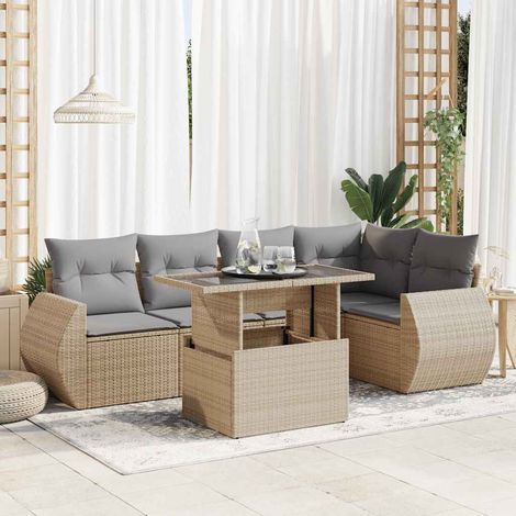 vidaXL Freisitzmöbel - 6-tlg. Garten-Sofagarnitur mit Kissen Beige Poly Rattan (1/5)