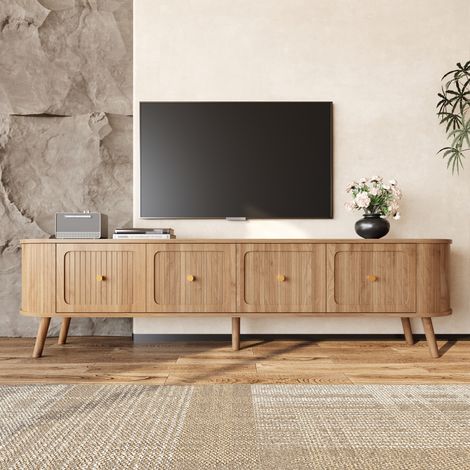 Mueble de TV bajo con almacenaje, 4 puertas, tirador dorado, MDF/tablero de partículas, natural, 180x38x47 cm (1/5)