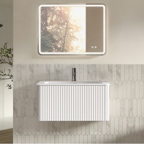 Meuble de salle de bain suspendu avec miroir LED 80 cm blanc OKWISH (1/5)