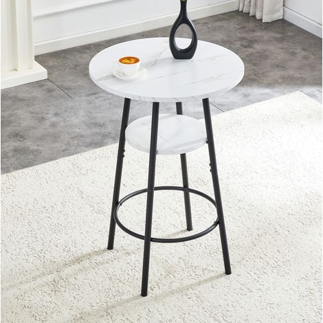 Mesa de bar 60x60x89 cm blanca efecto mármol en MDF y metal con doble almacenaje (1/5)