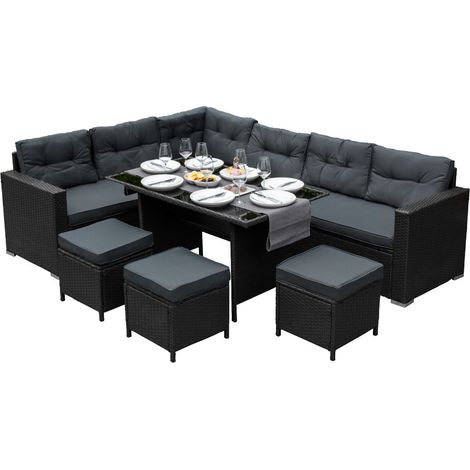 Set Conjunto de Muebles de Jardín de Ratán Negro con Sofá de 9 Plazas Exterior Balcón Patio Terraza Salón Cojines Impermeables Mesa de Vidrio Templado Protección UV Funda Impermeable GRATIS