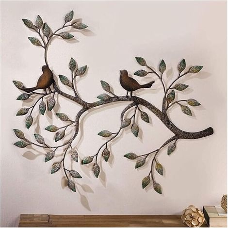 Sculpture Murale Métal Oiseaux Amoureux, Décoration Fer Forgé Rétro à Suspendre, Art Déco Branche 58x48cm (1/4)