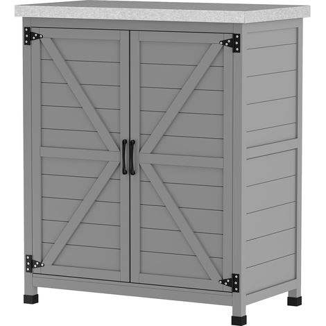 Gartenschrank aus Massivholz für den Außenbereich, Aufbewahrungsmöbel mit Arbeitsplatte aus verzinktem Stahl, 79 x 43 x 92 cm, grau