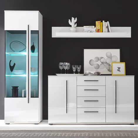 Wohnmöbel-Set COLORADO-61 in weiß Hochglanz mit Vitrine inkl. LED Tür mit Grauglas BxHxT: 225x200x42cm (1/5)