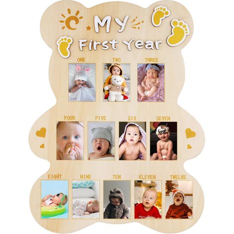 My First Year Cadre Photo en Forme d'Ours Découpé, Cadre Photo Bébé Planche Bois Personnalisé 12 Mois Affichage Photo Bébé Cadeau Souvenir 1er Anniversaire pour Garçon Fille Chambre d'Enfant (1/5)