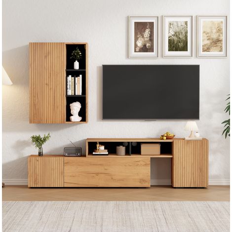 Ensemble meuble TV mural avec vitrine - 2 pièces - meuble TV de longueur ajustable jusqu'à 265 cm - 120 pouces - bois et noir (1/5)