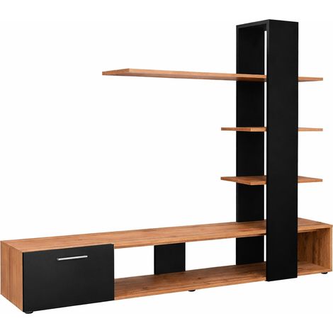 Parete Attrezzata Soggiorno Mobile Tv Colonna Ripiani Mensola Design Moderno Living Arredo Casa Contemporaneo Contenitore Vani Giorno Salvaspazio Multiuso Resistente 190x152x35 Cm Rovere E Nero (1/5)