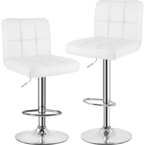 Lot de 2 Tabouret de bar - Chaises de Bar - Avec Dossier et Repose-Pieds - Hauteur Réglable - Rotatif sur 360° - en PU - Matelassé - Acier - Blanc