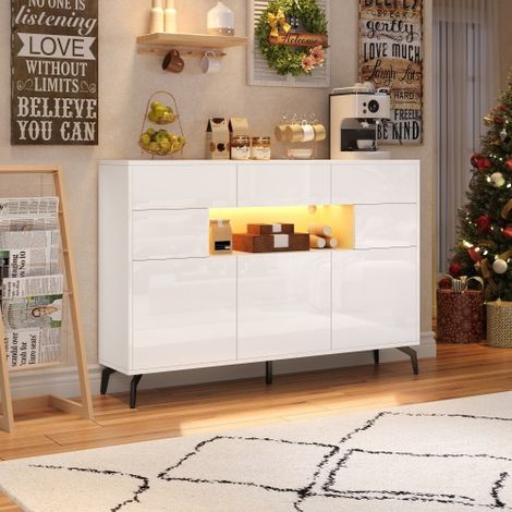 Buffet de salon avec 3 tiroirs et 5 portes, éclairage LED, 5 pieds en métal, MDF, blanc (1/5)