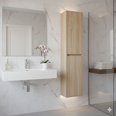 Colonna bagno sospesa 140x30 cm con 4 ripiani vetro colore rovere chiaro Caledonia – Soria