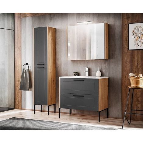Ensemble meuble vasque + Armoire miroir + Grande armoire - 80 cm - Duramen Grey - Livraison gratuite