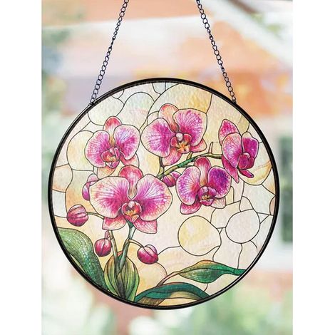 Attrape-soleil vitrail orchidée rose 9 cm, fenêtre suspendue, décoration florale
