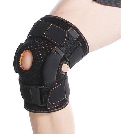 Ginocchiera - Ginocchiera unisex con stabilizzatore laterale, rotula scoperta, cerniera regolabile e manicotto sportivo in metallo. (1/4)