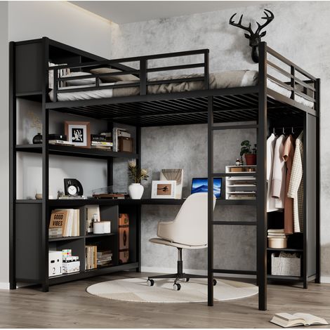 lit adulte mezzanine rangement 140x200 métal noir OKMYHOME (1/5)