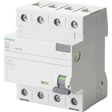 Siemens Interruptor diferencial, 4 polos, Tipo B, con retardo de tiempo corto, In: 63 A, 30 mA, 5SV33464