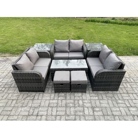 Fimous Outdoor Garden Furniture Sets 8 Pieces Wicker Rattan Furniture Sofa Sets with Rectangular Coffee Table Love seat Sofa 2 Small Footstools 2 Side Tables (1/5)