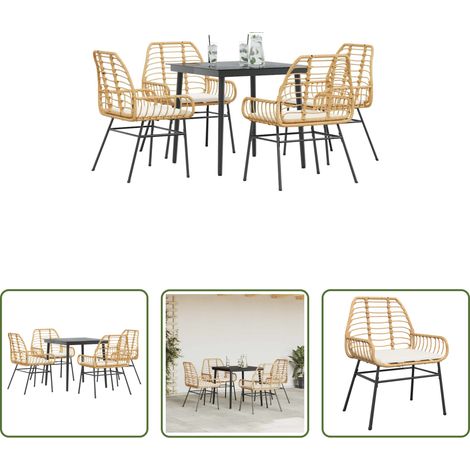 vidaXL Table de jardin -  Ensemble à manger jardin coussins 5pcs marron poly rotin verre (1/5)