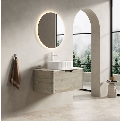 Mueble de lavabo suspendido 80x46x50,2 cm madera beige, baño FloraGrace (1/5)