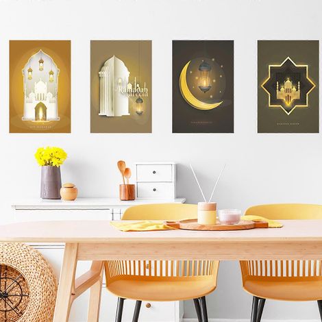 Stickers muraux Eid Mubarak (4 feuilles) - Château de la Lune - Décoration de fenêtre pour le Ramadan - Salon - Thème islamique - Fête musulmane (1/4)