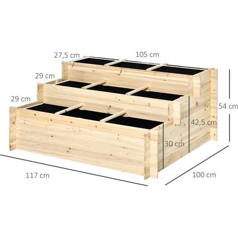 Potager surélevé, 3 niveaux, doublure en polaire, bois naturel laqué, 117 x 100 x 54 cm (1/5)