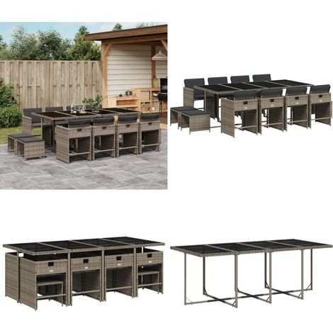 13-tlg. Garten-Essgruppe mit Kissen Grau Poly Rattan - Gartenmöbel Set - Gartentisch - Gartenstühle - Gartenhocker - Rattan Möbel - Home & Living