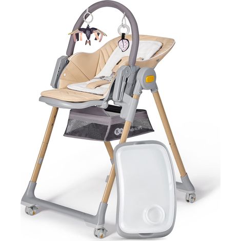 Chaise haute bébé evolutive de la naissance 2 en 1, Transat bébé avec Arche 2 jouets, Pliable, Position allongée, Réglable, Beige (1/5)