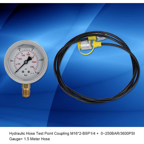 Raccord de contrôle pression flexible M16x2-BSP1/4 + manomètre 0-250 bars (3600 PSI), tuyau de 1,5 m, point de test hydraulique. (1/5)