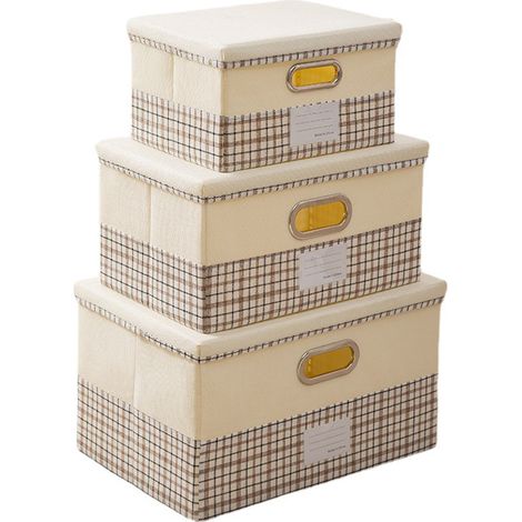 Zusammenklappbare Aufbewahrungsbehälter mit Deckel, 3 Stück, faltbare Aufbewahrungsboxen aus Baumwollleinen mit Deckel, faltbarer Schrank-Organizer mit Deckel, beige kariert (1/5)
