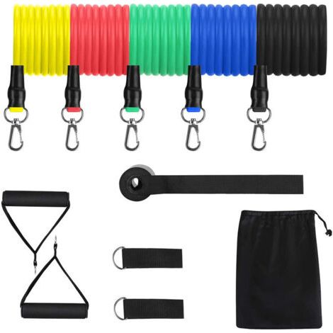 (11-teiliges) Elastisches Fitness-Set, Widerstandsband-Set, Elastische Fitnessbänder für den Muskelaufbau: 5 elastische Fitnessbänder, plus Griffe, Türanker und Fußschlaufen (1/5)