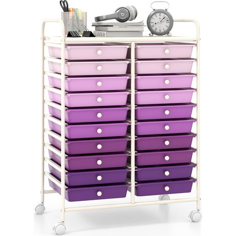 GOPLUS Desserte à Roulettes avec 20 Tiroirs Amovibles en Plastique, 63 x 38 x 89 CM, Chariot de Rangement à Roulettes Verrouillable, Cadre en Acier, Poignée Latéral, pour Chambre, Bureau (Violet) (1/5)