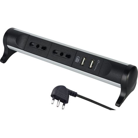 Multiprise Bureau Alu-Line Design 2 Places 10/16A + 2 Ports USB 2.1A, câble 1,5M, Noir (1/3)