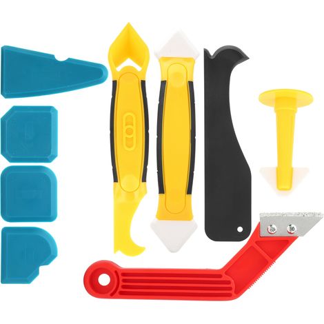 Kit de finition de calfeutrage multifonctionnel 9 pièces comprenant une spatule, un grattoir et un outil de remplissage pour mastic silicone. (1/5)