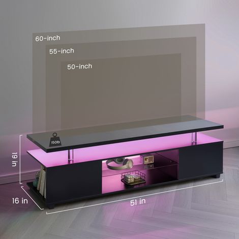 Meuble TV noir pour 60 pouces. Centre divertissement LED gaming,console rangement multimédia et grande armoire latérale salon.