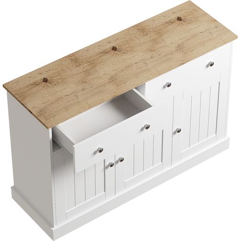Buffet Blanc et Bois 120 cm Meuble de Rangement Salon avec 3 Portes 2 Tiroirs Texture en Relief (1/5)