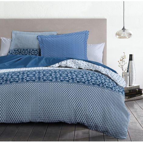 Parure de lit 100% coton 57 fils bleu 240x260 cm – Housse de couette avec boutons dissimulés – Lot de 2 taies 63x63 cm – Home Linge Passion (1/4)
