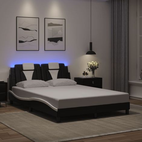 Cadre de lit avec LED et tête de lit en similicuir noir et blanc 140 x 190 cm sans matelas - PANGIVO (1/5)