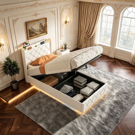 Lit coffre 90x200 cm, avec LED, hydraulique de rangement, sommier à lattes en bois, cadre en métal, Beige (1/5)