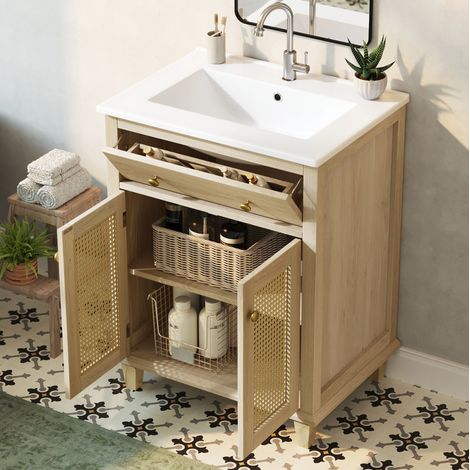 Armario de baño con lavabo cerámico de 61 cm, puertas de ratán, estantes ajustables y cajón abatible, acabado madera clara, 2 puertas – CHICFURN para baño ordenado (1/5)
