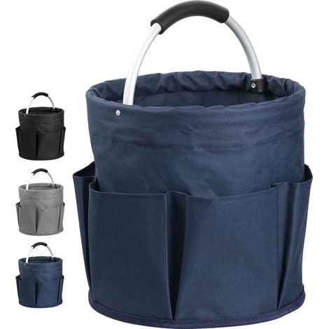 17L Panier à Outils de Seau avec 6 Poches Extérieures, Sac à Outils Jardinage Rond avec Poignée, Corbeille de Rangement en Tissu Oxford pour Stockage(Bleu Foncé) (1/4)