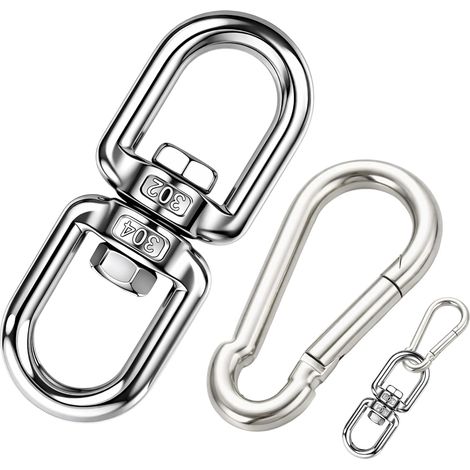 Émerillon en acier inoxydable M8 avec 2 mousquetons - Grande manille rotative en acier inoxydable avec double extrémité et œillet pivotant - Pour chaise suspendue, barbecue pivotant, balançoire (1/5)