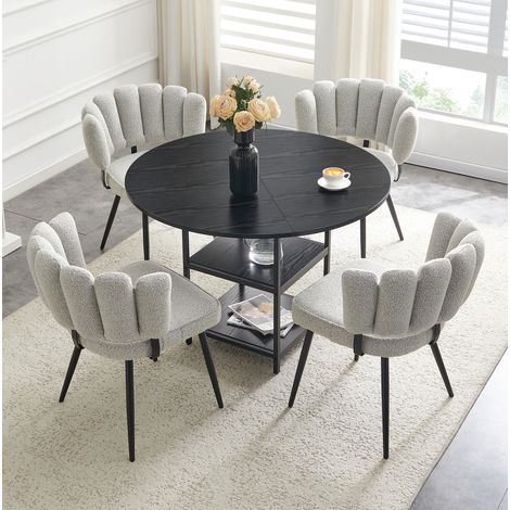 Set tavolo da pranzo rotondo con 4 sedie 107x107x75 cm, doppio ripiano, schienale a fiore, MDF e metallo nero, grigio chiaro (1/5)