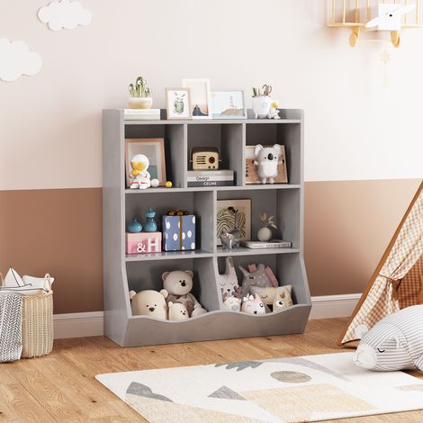 Organisation pratique – Bibliothèque et armoire à 3 niveaux pour enfants avec étagères et compartiments – Rangement jouets et livres – Pour chambre, salle de jeux, maternelle – Gris (1/5)