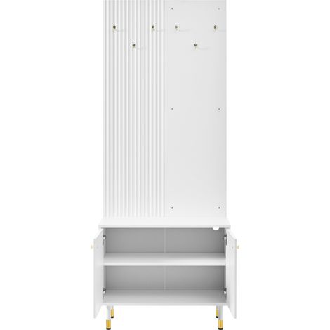 Mobile ingresso con scarpiera e appendiabiti bianco in PB e MDF con 6 ganci e gambe metalliche (1/5)