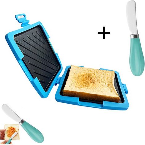 Appareil à sandwichs pour micro-ondes - Appareil à sandwichs - Plaque de cuisson - Appareil à panini - Grille-pain - Couteau à beurre inclus - Silicone - Bleu (1/5)